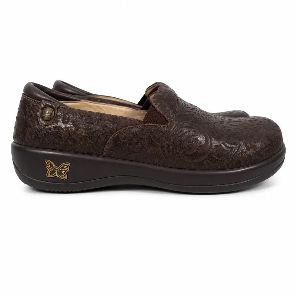Alegria Keli KEL-433 Womens 7.5-8 US 38 EU Brown Embossed Leather Clogs Slip On